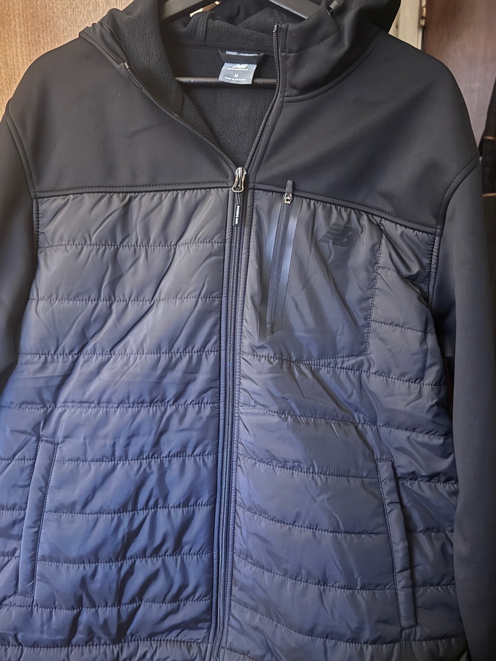 New Balance Men's Black Quilted Hooded Puffer Jacket with Chest Zip